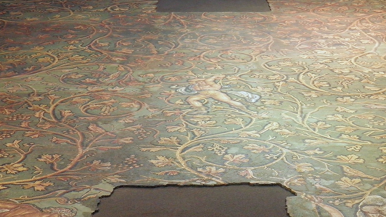 Rinceaux de vigne et personnage de la mosaïque du châtiment de Lycurgue, trouvée à Sainte-Colombe, au musée de Saint-Romain-en-Gal