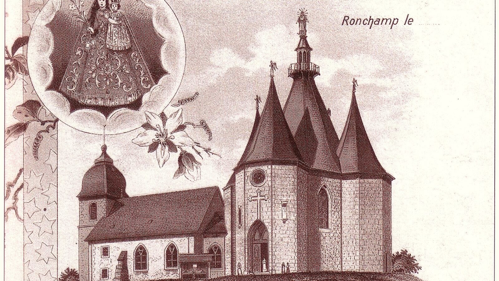 Carte postale ancienne de la chapelle de pèlerinage de Ronchamp, avant l'incendie de 1913