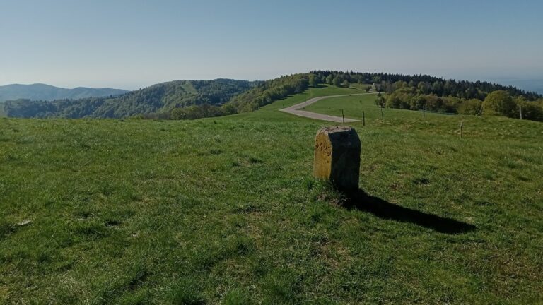 Ancienne borne frontière en pierre sur les chaumes du sommet du Ballon d'Alsace, route et forêts en arrière-plan