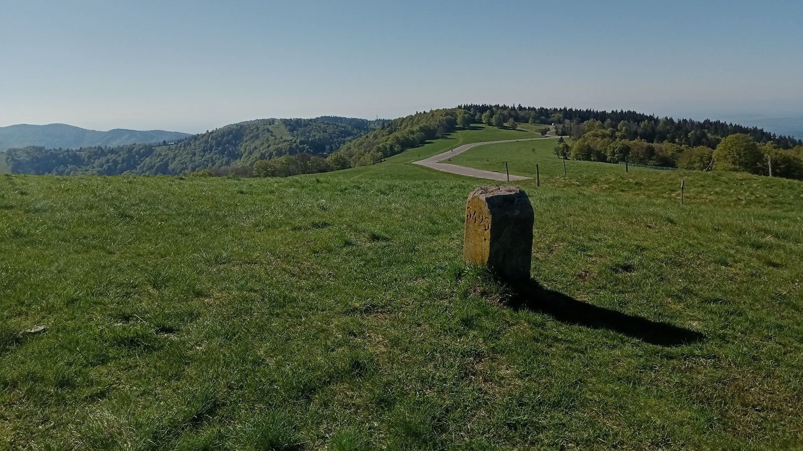 Ancienne borne frontière en pierre sur les chaumes du sommet du Ballon d'Alsace, route et forêts en arrière-plan