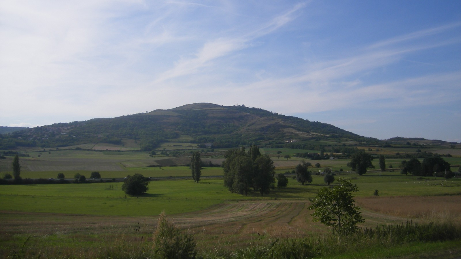 Le plateau de Gergovie, colline allongée et boisée sur ses pentes, dominant une plaine de prés et de champs sous un ciel bleu voilé