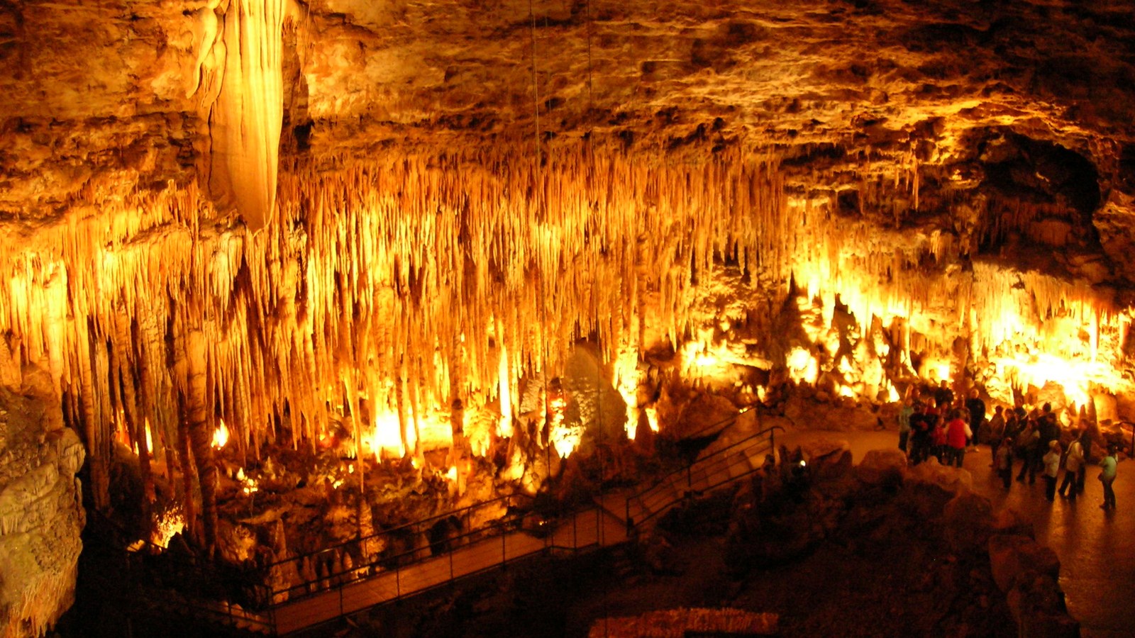 Salle du gouffre de Proumeyssac éclairée, avec une forêt de stalactites et un groupe de visiteurs au fond