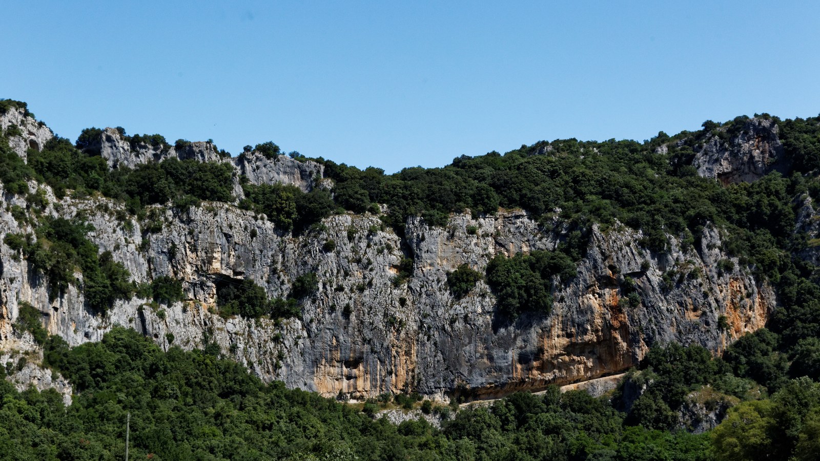 Falaise calcaire grise et ocre couverte de chênes verts au-dessus du pont d'Arc, dans les gorges de l'Ardèche, sous un ciel bleu