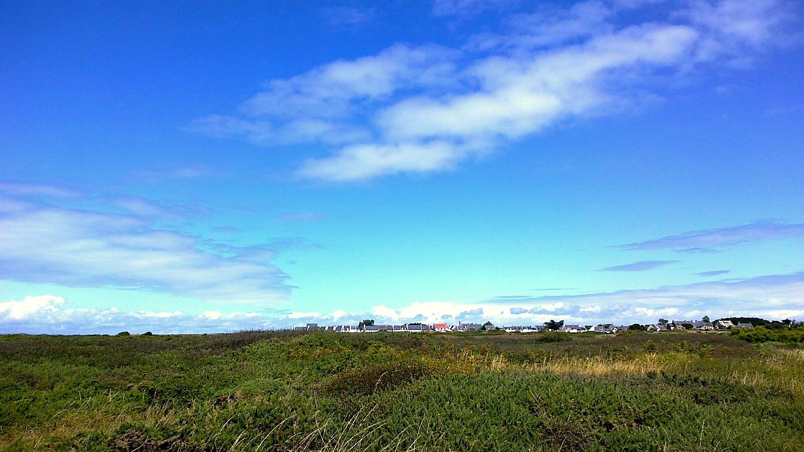 La lande rase de Hoëdic, avec le village groupé sur la ligne d'horizon