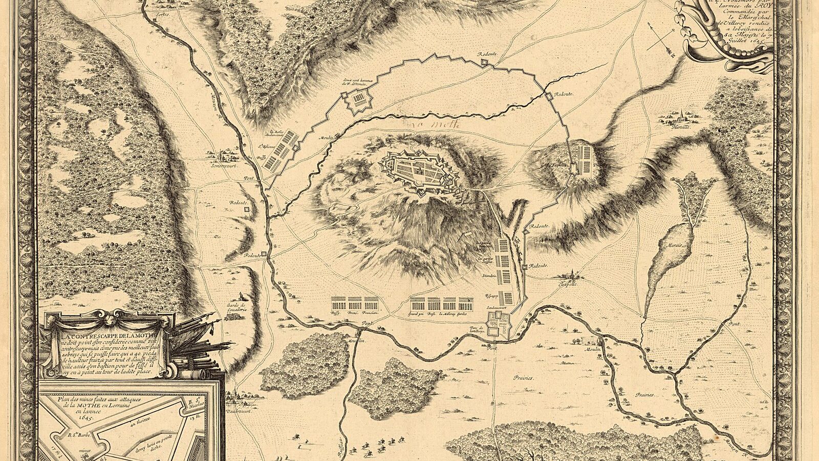 Un plan ancien de la ville fortifiée de La Mothe et des travaux de siège qui l'entourent
