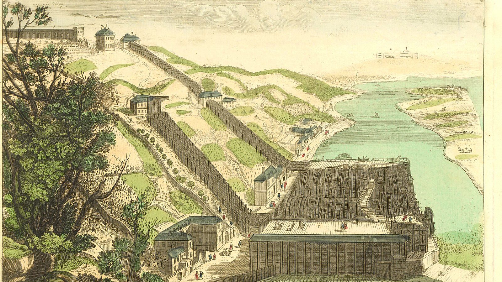 Estampe ancienne montrant la machine de Marly sur la Seine et la rampe de conduites qui monte le coteau