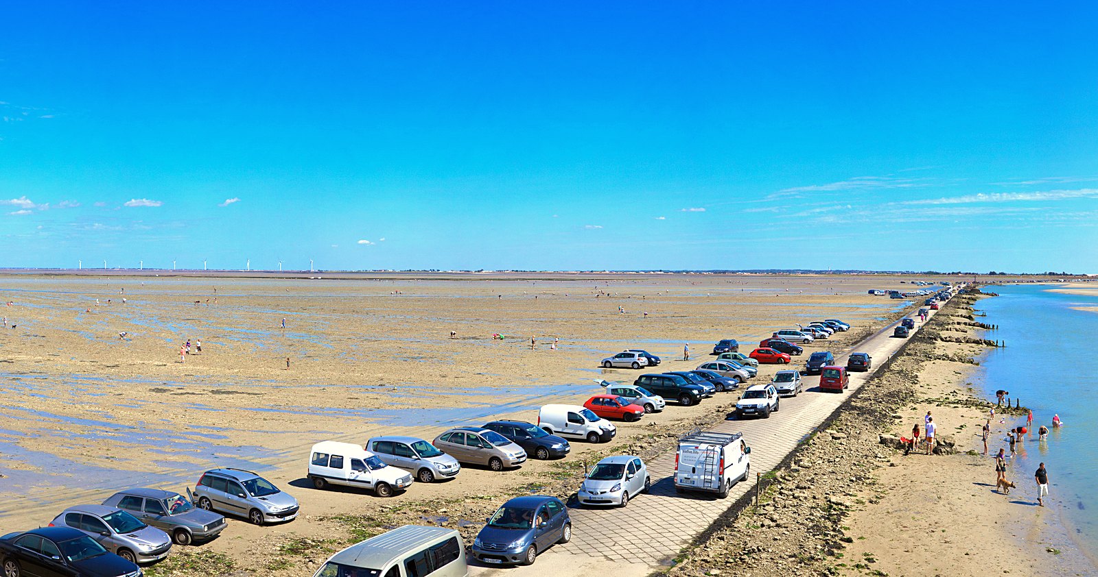 Le passage du Gois à marée basse, bordé de voitures, entre l'estran découvert et la mer