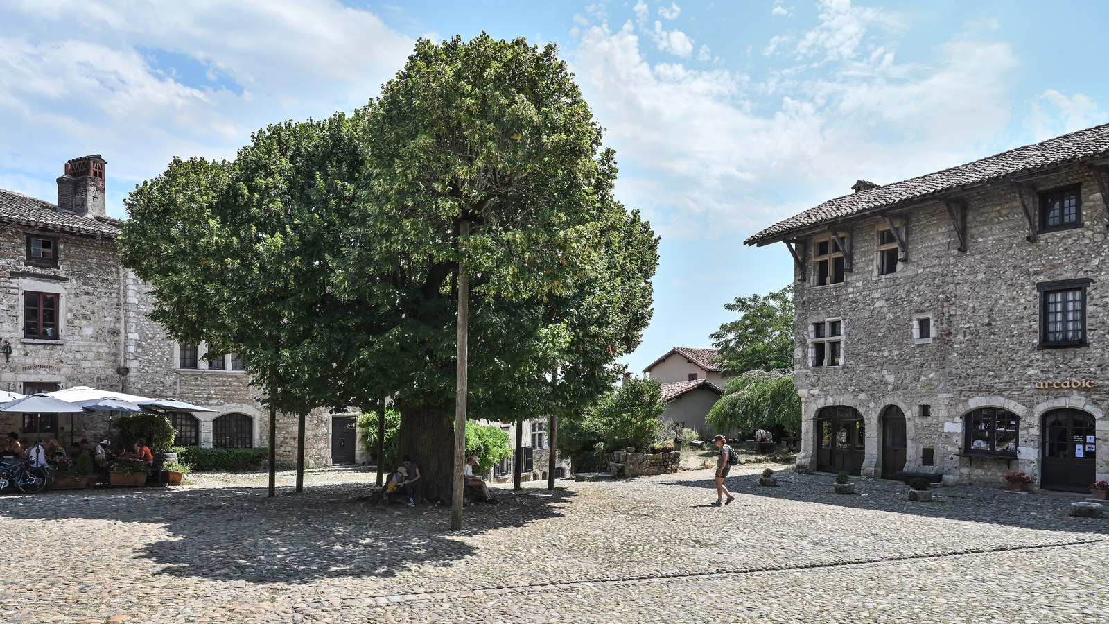 La place de la Halle de Pérouges avec son grand tilleul soutenu par des étais, entourée de maisons médiévales en pierre