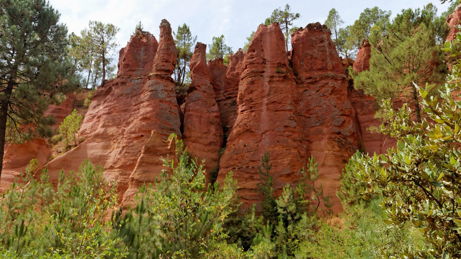 Cheminées d’ocre rouge entourées de pins sur le sentier des ocres de Roussillon, dans le Vaucluse